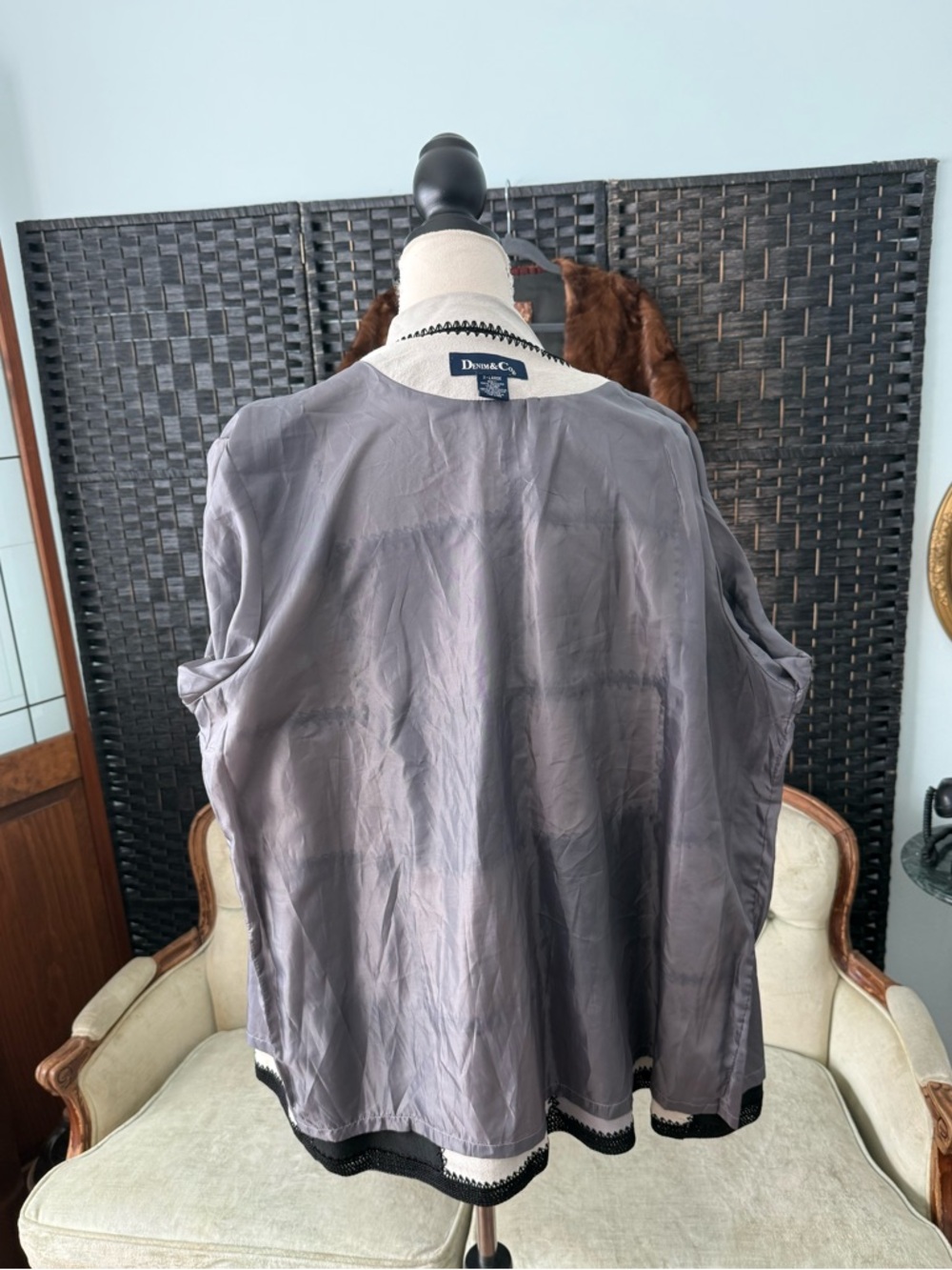 🖤 Vintage Denim & Co Patchwork Leather Jacket Colorblock Crochet Trim XL - Picture 8 of 12